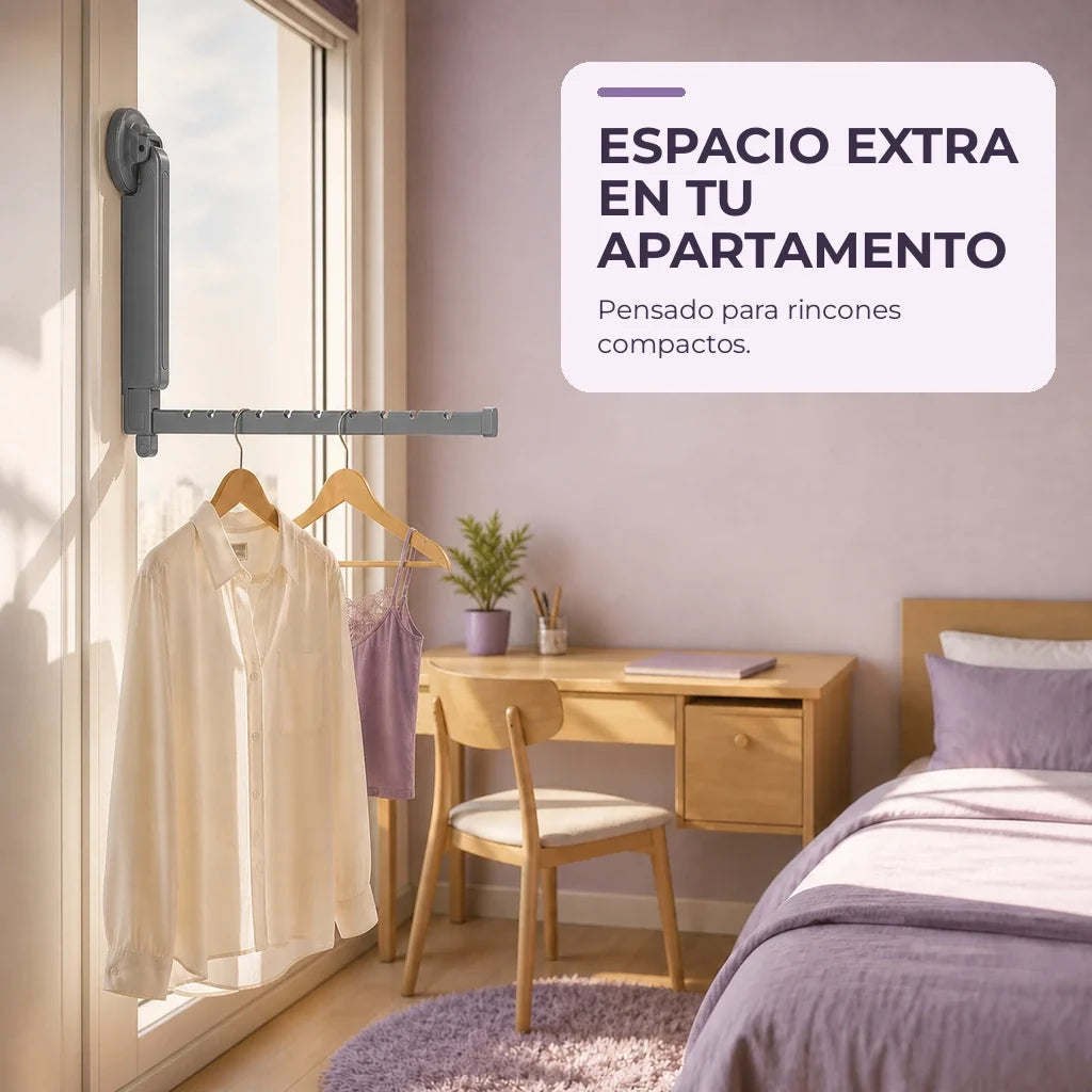 Tendedero plegable gris en un apartamento compacto