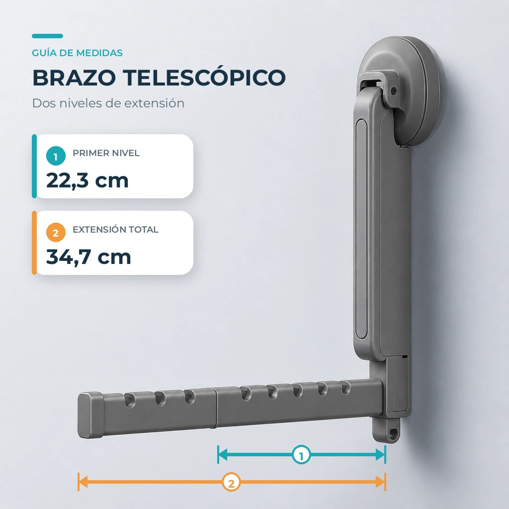 Tendedero plegable gris con brazo telescópico: primer nivel de 22,3 cm y extensión total de 34,7 cm